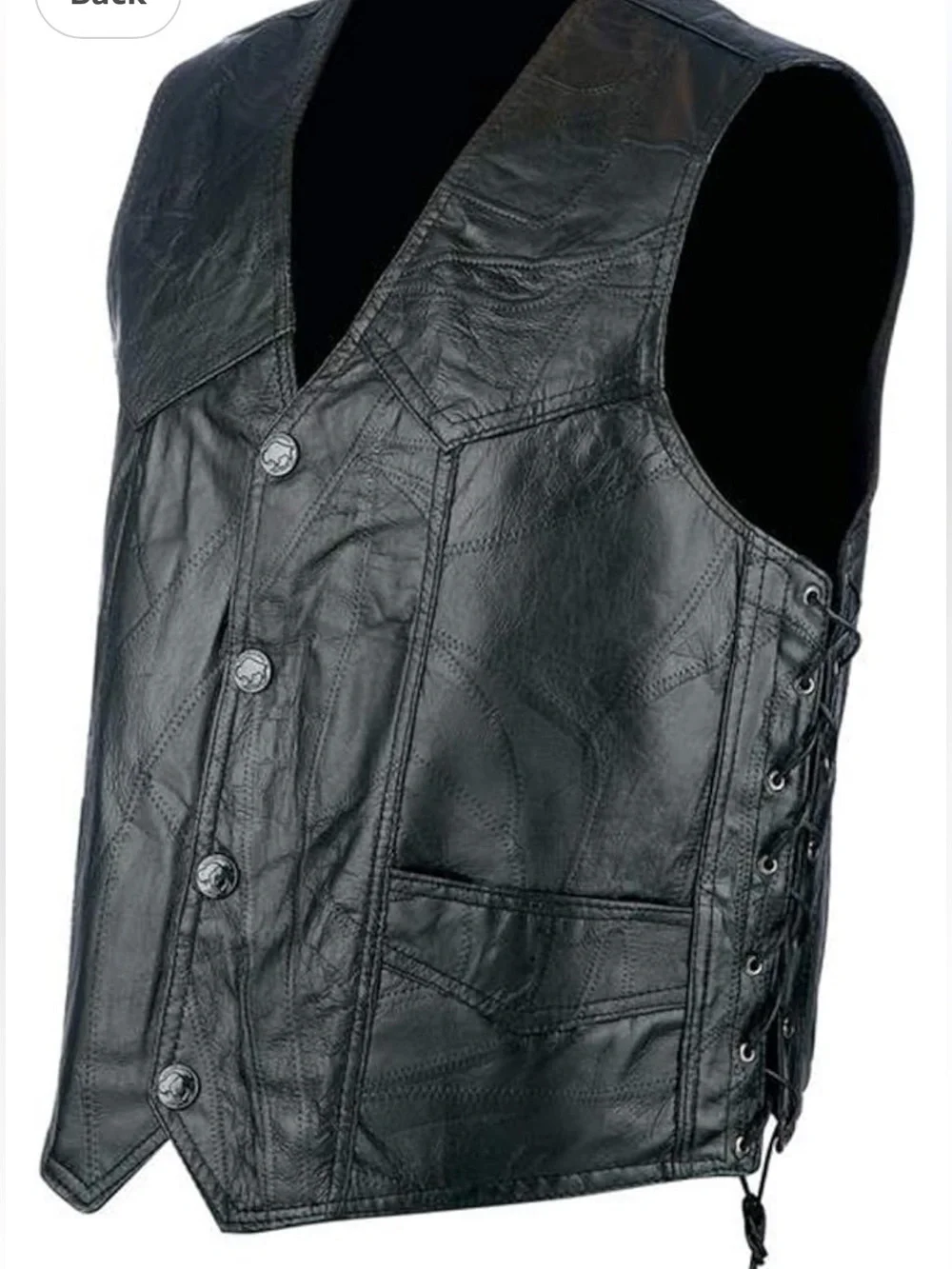 Rocky Ranch Hides Genuine Hog Leather Biker Vest featuring a patchwork design.